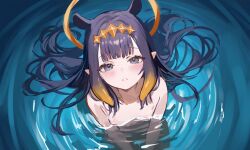 1girl ai-assisted black_hair blue_eyes blush breasts commentary completely_nude english_commentary flat_chest foame from_above halo highres hololive hololive_english long_hair looking_at_viewer ninomae_ina&#039;nis nude partially_submerged small_breasts solo virtual_youtuber wet yellow_halo