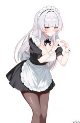 1girl absurdres apron black_bow black_bowtie black_dress black_pantyhose black_survival blunt_bangs blush bow bowtie breasts cleavage closed_mouth commentary drawing_qka dress english_commentary eternal_return:_black_survival frilled_apron frilled_dress frilled_headwear frills hair_intakes hands_up highres large_breasts long_hair looking_ahead maid maid_apron maid_headdress minami_rio pantyhose signature simple_background solo standing sweatdrop very_long_hair wavy_mouth white_apron white_background white_hair wrist_cuffs yellow_eyes