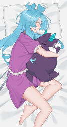 1girl ^_^ absurdres barefoot blue_bow blue_hair blue_wings bow breasts closed_eyes closed_mouth colored_tips commentary cuddling double-parted_bangs dress elira_pendora english_commentary feet_out_of_frame frilled_nightgown from_above gen_1_pokemon gengar grin hair_between_eyes hair_intakes hair_spread_out hair_wings happy head_bow head_on_pillow head_wings highres hug hug_from_behind karassawa long_eyelashes long_hair long_legs lying multicolored_hair nightgown nijisanji nijisanji_en nintendo nose_bubble on_bed on_side outstretched_arms parted_lips pillow pokemon pokemon_(creature) print_bow profile puffy_short_sleeves puffy_sleeves purple_nightgown raised_eyebrows short_dress short_sleeves sidelocks sleeping smile spooning streaked_hair tail teeth thick_eyelashes thighs two-tone_hair two-tone_wings u_u very_long_hair virtual_youtuber white_hair white_streaks white_wings wings