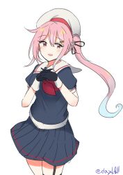 1girl absurdres beret black_serafuku black_shirt black_skirt blue_hair garter_straps gradient_hair hair_flaps hands_on_own_chest harusame_(kancolle) harusame_kai_ni_(kancolle) hat highres kantai_collection multicolored_hair neckerchief one-hour_drawing_challenge pink_eyes pink_hair pleated_skirt red_neckerchief robinson_(day_l_full) sailor_collar sailor_shirt school_uniform serafuku shirt side_ponytail simple_background single_garter_strap skirt solo twitter_username white_background