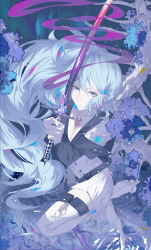 1girl 2311766793 absurdres akame_ga_kill! aqua_eyes aqua_hair aqua_theme black_jacket boots breasts chest_tattoo cleavage closed_mouth esdeath flower hair_between_eyes highres holding holding_sword holding_weapon jacket long_hair long_sleeves looking_at_viewer military_uniform no_headwear solo sword tattoo thigh_boots weapon