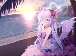 1girl absurdres ahoge angel_wings azusa_(blue_archive) azusa_(swimsuit)_(blue_archive) beach bead_necklace beads between_legs bikini bikini_skirt black_bow blue_archive blue_stripes blush bow breasts closed_mouth collarbone crescent_halo feathered_wings flower food-themed_hair_ornament food_print frilled_bikini frills from_side fruit_print game_cg hair_between_eyes hair_bow hair_ornament hairpin halo hand_between_legs highres hwansang jewelry long_hair looking_at_viewer low_wings multicolored_bikini necklace non-web_source ocean official_art orange_hair_ornament orange_print outdoors palm_tree pink_bow pink_flower polka_dot polka_dot_bow purple_bow purple_eyes purple_flower ribbon-trimmed_swimsuit ribbon_trim sitting small_breasts solo strapless strapless_bikini sunset swimsuit tree very_long_hair watermelon_hair_ornament white_hair white_wings wings yellow_halo