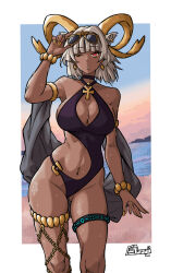 1girl arknights beach bead_bracelet beads blue_one-piece_swimsuit bracelet breasts carnelian_(arknights) dark-skinned_female dark_skin eyewear_on_head furauji goat_horns horns jewelry large_breasts medium_hair one-piece_swimsuit one_eye_closed parted_lips red_eyes solo standing sunglasses swimsuit thigh_strap white_hair yellow_nails