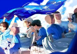 6+boys ace_of_diamond baseball_cap black_hair blue_shirt brown_hair cloud dirty dirty_face hat hinota kanemaru_shinji kominato_haruichi kuramochi_youichi miyuki_kazuya multiple_boys outdoors pink_hair sawamura_eijun shirt short_sleeves standing towel white_headwear wiping_face