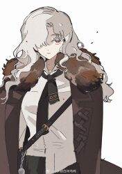Rule 34 | 1girl, bag, black bag, brown coat, coat, collared shirt, curly hair, fur-trimmed coat, fur trim, green necktie, hair over one eye, highres, hl (iamawhitehippo), long hair, looking at viewer, necktie, one eye covered, purple eyes, reverse:1999, shirt, shoulder bag, solo, straight-on, upper body, watermark, weibo watermark, white hair, white shirt, windsong (reverse:1999)