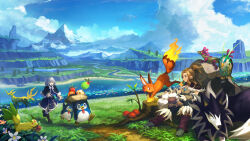 basket cloud cloudy_sky concept_art cumulonimbus_cloud direhowl egg flower food forest foxparks fruit highres holding holding_basket lamball lifmunk mountain mushroom nature official_art pal_(creature) palworld pengullet player_character_(palworld) river sitting sky tree tree_stump univolt_(palworld) video_game