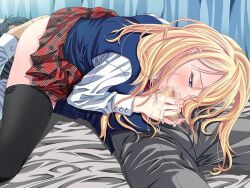 1boy 1girl bed bed_sheet black_socks blonde_hair blue_eyes blue_shirt blush bottomless censored cheek_bulge clothed_sex collared_shirt cum cum_in_mouth curtains fellatio game_cg girl_on_top half-closed_eyes hetero medium_hair mosaic_censoring one_eye_in_shadow oral penis plaid_clothes plaid_skirt red_ribbon red_skirt ribbon school_uniform shirt skirt socks solo_focus spread_legs watashi,_hentai_ni_nacchau:_kore_ga_akogare_no_ryuugaku_seikatsu!? white_sleeves yoshizawa_tomoaki