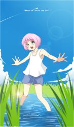 1girl blue_eyes blue_shorts blue_sky day feet_out_of_frame fumiddition grass highres looking_at_viewer open_mouth outdoors pink_hair ragnarok_online shooting_star short_hair shorts sky smile solo tank_top water white_tank_top