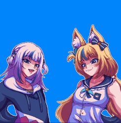2girls animal_ears blonde_hair blue_background blue_eyes gawr_gura highres hololive loli multiple_girls pixel_art sameko_saba virtual_youtuber white_hair zolotokos
