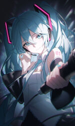 Rule 34 | 1girl, absurdres, aqua eyes, bare shoulders, black sleeves, blue hair, blue nails, blue necktie, closed mouth, collared shirt, commentary request, detached sleeves, grey shirt, hair between eyes, hand up, hatsune miku, headphones, headset, highres, holding, holding microphone, light smile, long hair, looking at viewer, microphone, nail polish, necktie, number tattoo, shali, shirt, shoulder tattoo, sleeveless, sleeveless shirt, solo, tattoo, twintails, upper body, very long hair, vocaloid
