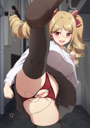 Rule 34 | 1girl, :d, absurdres, alley, ass, black skirt, black thighhighs, blonde hair, blush, bow, breast pocket, breasts, censored, clitoris piercing, crotchless, crotchless panties, dress shirt, drill hair, hair bow, highres, kicking, labia piercing, large breasts, long hair, long sleeves, looking at viewer, miniskirt, mole, mole under mouth, mosaic censoring, open mouth, original, outdoors, panties, piercing, pocket, pussy, pussy piercing, red bow, red eyes, red panties, sakamata (sakamata4), shirt, skirt, smile, solo, thighhighs, twin drills, twintails, underwear, upskirt, v-shaped eyebrows