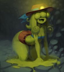 Rule 34 | :d, bandana, breasts, cave, colored skin, fang, geejaydraws, green hair, green skin, hair over eyes, hat, highres, lamp, midriff, monster girl, open mouth, original, petite, puddle, self-upload, shorts, slime (substance), slime girl, slime hair, small breasts, smile, strapless, terraria, thighs, tube top