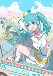 Rule 34 | 2boys, 4girls, aqua eyes, aqua hair, aqua nails, beret, blonde hair, blue hair, blush, brown hair, closed eyes, closed mouth, cropped jacket, field, flag, flower, flower field, gradient hair, hair between eyes, hair ornament, hat, hatsune miku, highres, holding, holding flag, kagamine len, kagamine rin, kaito (vocaloid), long hair, long sleeves, looking at viewer, magical mirai (vocaloid), magical mirai kaito, magical mirai kaito (2024), magical mirai len, magical mirai len (2024), magical mirai luka, magical mirai luka (2024), magical mirai meiko, magical mirai meiko (2024), magical mirai rin, magical mirai rin (2024), megurine luka, meiko (vocaloid), multicolored hair, multiple boys, multiple girls, open mouth, pink hair, pink nails, pleated skirt, shoes, shorts, shorts under skirt, sitting, skirt, smile, solo focus, translation request, twintails, very long hair, vocaloid, white hat, white shoes, yellow skirt, yukichi (yu-ame)