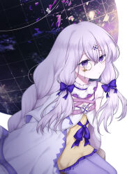 1girl arcaea bare_shoulders bdlawk bow braid collar cowboy_shot dress expressionless hair_between_eyes hair_ornament highres jacket lagrange_(arcaea) long_hair monocle purple_bow purple_eyes purple_hair sidelocks single_braid solo twintails white_jacket yellow_dress