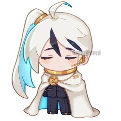 1boy ahoge black_gloves black_hair black_jacket black_pants cape chibi closed_eyes closed_mouth earpiece full_body funnibunni gloves gold_trim highres jacket library_of_ruina long_hair long_sleeves looking_at_viewer male_focus multicolored_hair pants project_moon side_ponytail simple_background solo standing streaked_hair very_long_hair white_background white_cape white_hair yan_vismok