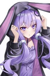 1girl ahoge animal_hood black_jacket commentary_request dress fingernails highres hood hood_up hooded_jacket jacket long_hair nail_polish open_clothes open_jacket purple_dress purple_eyes purple_nails rabbit_hood regress simple_background solo vocaloid voiceroid white_background yuzuki_yukari