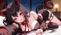 1girl animal_ears armpit_crease bandeau bare_shoulders bedroom black_hair black_skirt black_sleeves black_thighhighs bow bow_choker breasts brooch cat_ears cat_tail choker cleavage commentary detached_sleeves english_commentary garter_straps heart highres jewelry kiyochii lanfear large_breasts long_hair long_sleeves looking_at_viewer lying midriff miniskirt nail_polish on_bed on_stomach open_mouth outstretched_arm pleated_skirt red_choker red_eyes red_nails single_garter_strap single_thighhigh skirt smile solo strapless tail thigh_strap thighhighs thighs tube_top vrchat