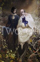 Rule 34 | 1boy, 1girl, artist name, ascot, barefoot, black eyes, black hair, black horns, black shoes, blue coat, blue eyes, brown gloves, character request, chinese commentary, closed mouth, coat, commentary request, copyright request, dress, forehead jewel, full body, gloves, highres, holding, horns, light particles, long hair, looking at another, nature, outdoors, own hands together, pink hair, shoes, sitting, smile, tworain w, watermark, white ascot, white dress, wide sleeves