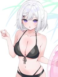 1girl bikini black_bikini breasts collarbone commentary_request from_above hair_between_eyes hair_intakes hair_ornament hand_up highres holding holding_swim_ring innertube large_breasts light_blush looking_at_viewer medium_hair navel open_mouth original purple_eyes sidelocks solo spaghetti_strap sweat swim_ring swimsuit tillots two_side_up white_background white_hair x_hair_ornament