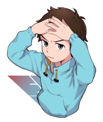 1boy arms_up blue_hoodie brown_hair copyright_name flcl gogo56s grey_eyes hands_on_own_head highres hood hoodie light_frown long_sleeves male_focus nandaba_naota short_hair solo upper_body