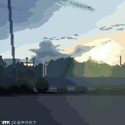 bush cloud cloudy_sky day grey_sky hedge highres highway morning no_humans original pixel_art road scenery shadow sky sunrise tomoruka_mr utility_pole