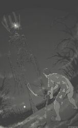1boy 5g_tower_(postal_brain_damage) ass bow claws dildo forest from_behind greyscale highres hospital_gown looking_at_another monochrome monster nature outdoors penetrator_(postal_brain_damage) postal_(game) postal_brain_damage postal_dude sex_toy slippers standing tree tyrone