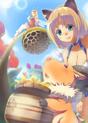 2girls animal_ears arthropod_girl bangle baphomet_jr barefoot bee_girl blonde_hair blue_eyes blush bracelet breasts cat_ears cleavage closed_mouth commentary_request crown day dress feathered_wings feet_out_of_frame flower full_body goat honey honeycomb honeypot humanization in-universe_location insect_girl jewelry kawagoe_pochi large_breasts leaning_forward long_hair mistress_(ragnarok_online) multiple_girls outdoors plant ragfes ragnarok_online red_dress red_flower short_hair smile textless_version wanderer_(ragnarok_online) white_wings wings