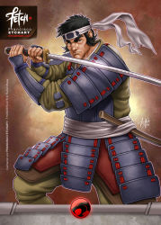 1boy 2015 armor bandana black_eyes black_hair commentary dated emblem english_commentary eyebrows fighting_stance franciscoetchart hachimaki hachiman_(thundercats) headband highres japanese_armor katana logo looking_at_viewer male_focus official_style samurai sideburns signature sword thundercats weapon