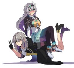 2girls black_jacket blush firefly_(honkai:_star_rail) grey_hair headband high_heels highres hinghoi honkai:_star_rail honkai_(series) human_chair human_furniture implied_futanari jacket multiple_girls simple_background sitting sitting_on_person skirt stelle_(honkai:_star_rail) trailblazer_(honkai:_star_rail) white_background yellow_eyes yuri