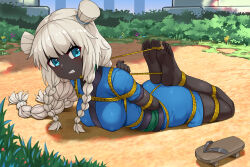 1girl arms_behind_back barefoot blonde_hair blue_eyes bound bound_arms bound_legs braid breasts clenched_teeth dark-skinned_female dark_skin feet glaring grass haimei1980 highres hogtie long_hair looking_at_viewer medium_breasts on_ground original rope sandals scowl shibari shibari_over_clothes solo teeth unworn_sandals very_dark_skin