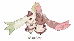 Rule 34 | black dress, body fur, brown fur, digimon, digimon (creature), dress, english text, full body, green fur, grey fur, highres, lopmon, maid, maid day, maid headdress, pink fur, sayoko404, simple background, terriermon, two-tone fur, white background