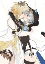 2girls aglaea_(honkai:_star_rail) animal_ears arms_around_neck blonde_hair blue_eyes blush cat_ears cat_girl cat_tail cipher_(honkai:_star_rail) clothing_cutout commentary dress farl_g green_eyes grey_hair hashtag-only_commentary highres honkai:_star_rail honkai_(series) hood hood_up multiple_girls open_mouth shorts shoulder_cutout simple_background smile tail tears thigh_strap white_background white_dress white_shorts yuri