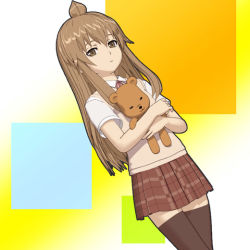 00s 1girl 3d ahoge brown_eyes brown_hair female_focus fujioka-kuma_(minami-ke) hokusen minami-ke minami_chiaki plaid_clothes plaid_skirt school_uniform serafuku skirt solo standing stuffed_animal stuffed_toy thighhighs zettai_ryouiki
