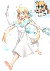 1girl absurdres ahoge artoria_caster_(fate) artoria_pendragon_(fate) bare_shoulders barefoot besmiled blonde_hair blush breasts dress elbow_gloves fate/grand_order fate_(series) feet fork full_body gloves green_eyes highres long_hair looking_at_viewer open_mouth small_breasts smile soles solo twintails white_dress white_gloves