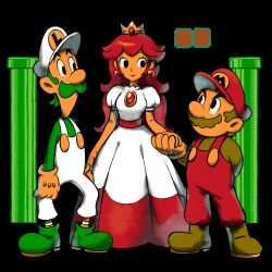 1girl 2boys absurdres alternate_color boots brothers brown_footwear brown_shirt colored_skin crown dress earrings facial_hair gloves green_footwear green_hair green_shirt hat highres jewelry long_dress long_hair looking_at_viewer luigi mario mario_(series) masanori_sato_(style) meme multiple_boys mustache nintendo orange_gloves orange_skin orange_socks overalls princess_peach princess_toadstool_redraw_(meme) puffy_short_sleeves puffy_sleeves red_dress red_hair red_hat red_overalls shirt short_hair short_sleeves siblings socks sphere_earrings striped_clothes striped_socks super_mario_bros._1 two-tone_dress two-tone_socks warp_pipe white_dress white_hat white_overalls white_socks ya_mari_6363
