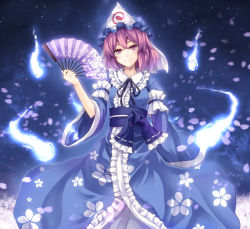 1girl asu_hare bad_id bad_pixiv_id blush cherry_blossoms hand_fan female_focus folding_fan hat hitodama japanese_clothes petals pink_eyes pink_hair saigyouji_yuyuko shippou_(pattern) short_hair smile solo touhou triangular_headpiece