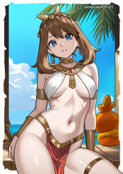1girl ancient_egyptian_clothes blue_eyes blue_sky breasts brown_hair cloud commentary earrings gen_3_pokemon highres jewelry may_(pokemon) medium_breasts medium_hair navel nintendo paid_reward_available patreon_username pelvic_curtain pokemon pokemon_(creature) pokemon_rse redjet revealing_clothes sky stomach thigh_strap thighs torchic