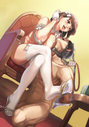 1boy 1girl abs bdsm blindfold blush bondage bound breasts brown_eyes brown_hair cbt chair collar crossed_legs cum feet femdom gloves high_heels highres kneeling leash lingerie medium_breasts mole panties rope rope_around_arms saliva saliva_trail smoke_(flyx21) stepping_on_penis thighhighs third-party_edit underwear white_hair
