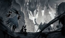 6+others broken_vessel_(hollow_knight) bug darkness extra_eyes frostedmirror glowing glowing_eyes greenpath_vessel_(hollow_knight) highres hollow_eyes hollow_knight hollow_knight_(character) knight_(hollow_knight) monster multiple_others no_humans shade_(hollow_knight) void_entity_(hollow_knight)