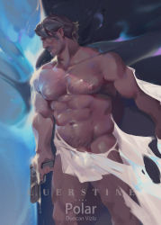 1boy abs bara beard biceps duncan_vizla facial_hair feet_out_of_frame gun hairy large_pectorals looking_to_the_side luerstine male_focus manly mature_male muscular muscular_arms muscular_legs muscular_male mustache navel navel_hair nipples no_pants pectorals penis penis_peek polar_(movie) short_hair solo thighs topless_male torn_clothes weapon