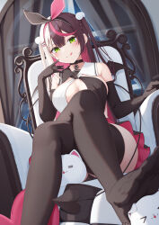 &gt;_&lt; 1girl 35p_(sakura_miko) :3 :p =_= armchair bare_shoulders belt belt_collar black_belt black_choker black_collar black_gloves black_pantyhose black_ribbon black_sailor_collar black_wings blush braid breasts brown_hair chair choker closed_mouth collar colored_inner_hair crossed_legs demon_tail demon_wings elbow_gloves gloves green_eyes hair_ornament hair_ribbon hairclip highres large_breasts lock long_hair looking_at_viewer multicolored_hair nyan_(reinyan_007) original pantyhose pink_ribbon pom_pom_(clothes) pom_pom_hair_ornament ribbon sailor_collar sitting smile streaked_hair tail thighs tongue tongue_out white_hair white_sailor_collar window wings