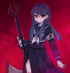 1girl armband axe earrings female_focus glasses gloves highres holding holding_axe holding_weapon jewelry last_defense_academy_school_uniform long_hair long_sleeves looking_at_viewer purple_hair red_background red_eyes shizuhara_hiruko simple_background solo solo_focus the_hundred_line_-last_defense_academy- weapon white_gloves