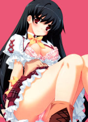 1girl absurdres anekano black_hair blush bra breasts cleavage cross-laced_footwear female_focus frills highres lingerie long_hair looking_at_viewer moo moo_(umineko) noyama_sakura open_clothes open_shirt panties pantyshot pink_background pink_bra pink_panties red_eyes shirt simple_background sitting skirt solo source_request underwear upskirt