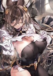 1girl 218 animal_ears asymmetrical_eyewear asymmetrical_hair black_streaks breasts brown_hair brown_horns closed_eyes draph erune extra_ears galleon_(granblue_fantasy) gloves granblue_fantasy granblue_fantasy_versus:_rising harvin horns large_breasts multicolored_hair pointy_ears smile solo streaked_hair white_gloves
