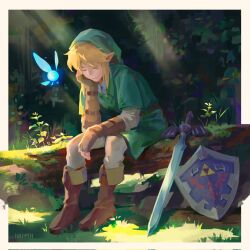 1boy artist_name boots brown_boots brown_gloves closed_eyes day earrings fingerless_gloves forest gloves grass green_hat green_tunic happeh hat highres hylian_shield jewelry khaki_pants layered_sleeves leaf long_sidelocks long_sleeves master_sword moss nature navi nintendo outdoors plant pointy_ears shield short_over_long_sleeves short_sleeves sidelocks sitting sunlight the_legend_of_zelda the_legend_of_zelda:_ocarina_of_time tree triforce tunic
