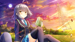 1girl ahoge bag black_thighhighs blue_shirt book brown_eyes cardigan closed_mouth evening frilled_skirt frills girlfriend_(kari) grass lawn natsume_mahiro official_art orange_eyes outdoors plaid_clothes plaid_skirt pleated_skirt qp:flapper school_uniform shirt short_hair silver_hair sitting skirt smile solo sunset tagme thighhighs wavy_hair