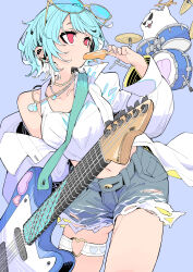 1girl absurdres blue_hair commentary_request eating eyewear_on_head food guitar highres holding holding_food holding_popsicle instrument jacket jewelry multicolored_hair navel necklace open_clothes open_jacket popsicle purple_background red_eyes shiranami_ramune shorts simple_background solo tetsu_booya thigh_strap torn_clothes torn_shorts two-tone_hair virtual_youtuber vspo! white_hair white_jacket