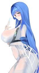 1girl absurdres arcana_(nikke) arm_under_breasts bead_bracelet beads blue_hair blue_nails blunt_bangs blush bracelet breasts card commentary dress from_side goddess_of_victory:_nikke grey_eyes hand_up highres holding holding_card hologram jewelry kopepan_(kopepann11) large_breasts long_dress long_hair long_sleeves looking_ahead ring sidelocks simple_background solo standing tarot tarot_card very_long_hair white_background white_dress