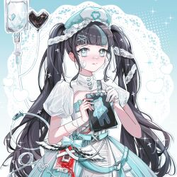 1girl aqua_belt aqua_bow aqua_dress aqua_eyes aqua_hair aqua_hat arrow_(symbol) bandaged_wrist bandages bandaid bandaid_on_cheek bandaid_on_face bandaid_on_nose bear black_hair blood blood_bag blue_background blunt_bangs bow braid chazui_ranyi cleavage_cutout clothing_cutout cowboy_shot dress eyelashes frilled_headwear gloves gradient_background half_gloves half_up_braid happy hat heart heart_print highres holding holding_notepad intravenous_drip lace lace_background lace_ribbon layered_dress light_blush long_hair looking_at_viewer miracle_nikki multicolored_hair nikki_(series) notepad nurse nurse_cap outline pleated_dress puffy_short_sleeves puffy_sleeves recycling_symbol ribbon short_sleeves single_glove solo sparkle sparkling_eyes standing streaked_hair striped_clothes striped_dress sugarplum_healer_(miracle_nikki) tenshi_kaiwai turtleneck turtleneck_dress twintails two-tone_hair vertical-striped_clothes vertical-striped_dress very_long_hair white_blood white_dress white_outline white_ribbon x-ray