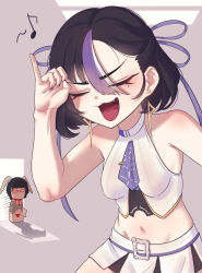 2girls absurdres ascot black_hair breasts cchiii closed_eyes crop_top earrings fang goddess_of_victory:_nikke hair_ribbon highres jewelry medium_hair miniskirt mole mole_under_eye multiple_girls musical_note open_mouth purple_ascot purple_nails purple_ribbon purple_streaks rian_(nikke) ribbon shirt skirt sleeveless sleeveless_shirt small_breasts syuen_(nikke) white_shirt white_skirt